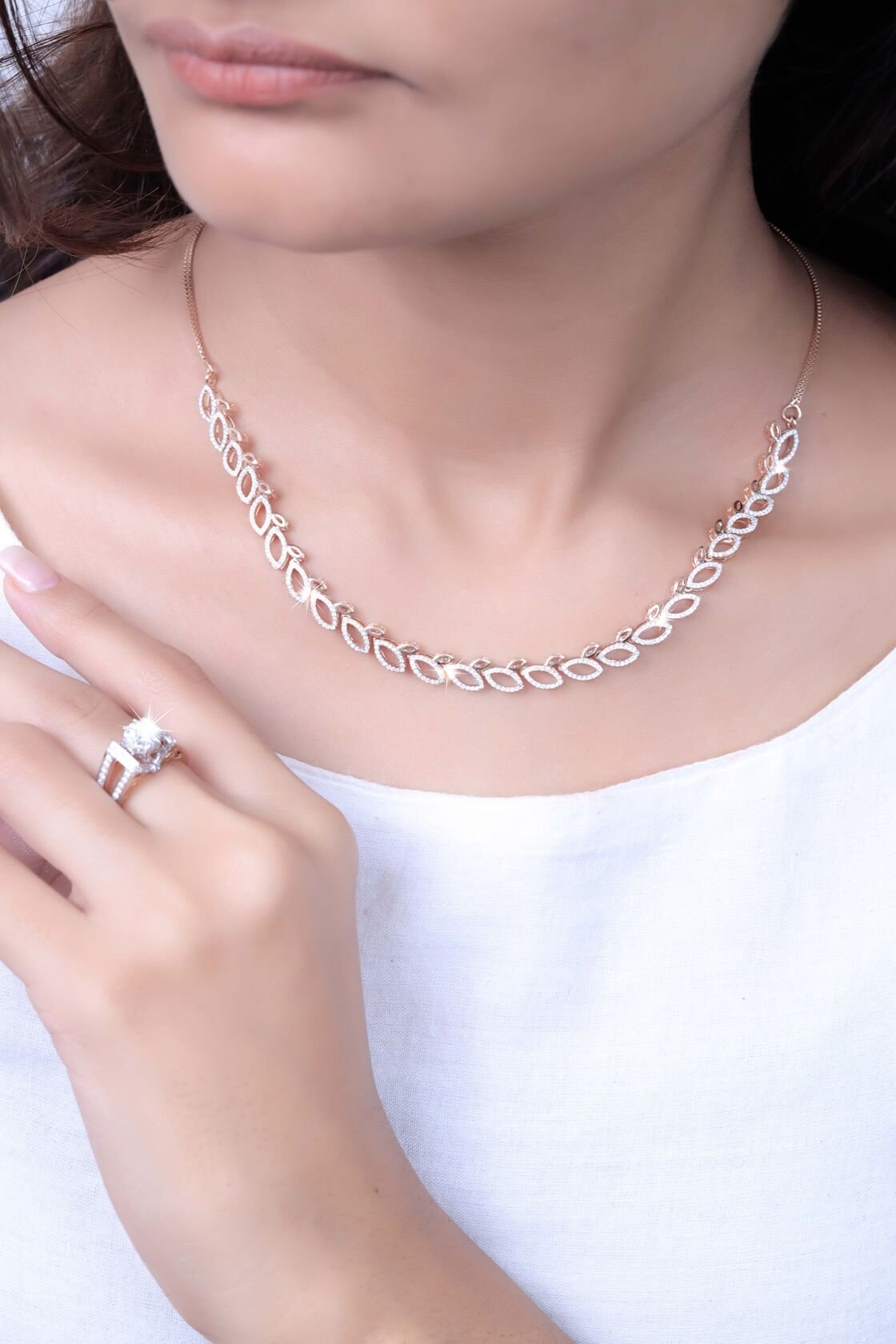 Diamond necklace worn close-up